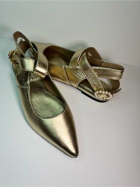 Free People Metallic Gold Pointed Mary Jane Flats with Pearl Accent